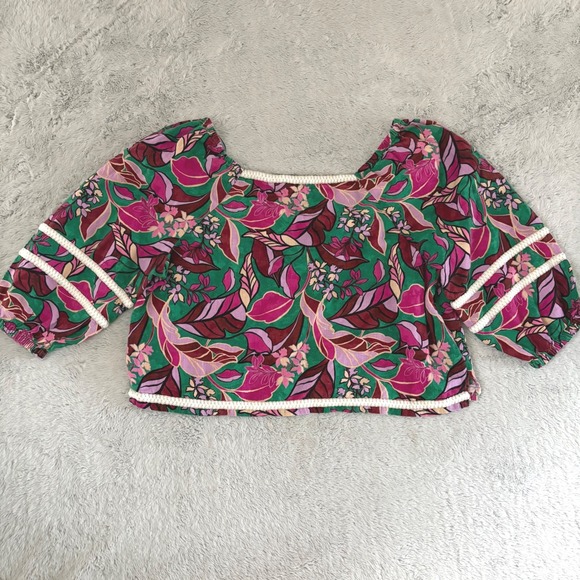 Cynthia Rowley Tops - Cynthia Rowley Linen Floral Square Neck Puff Sleeve Crop Blouse XL Tropical